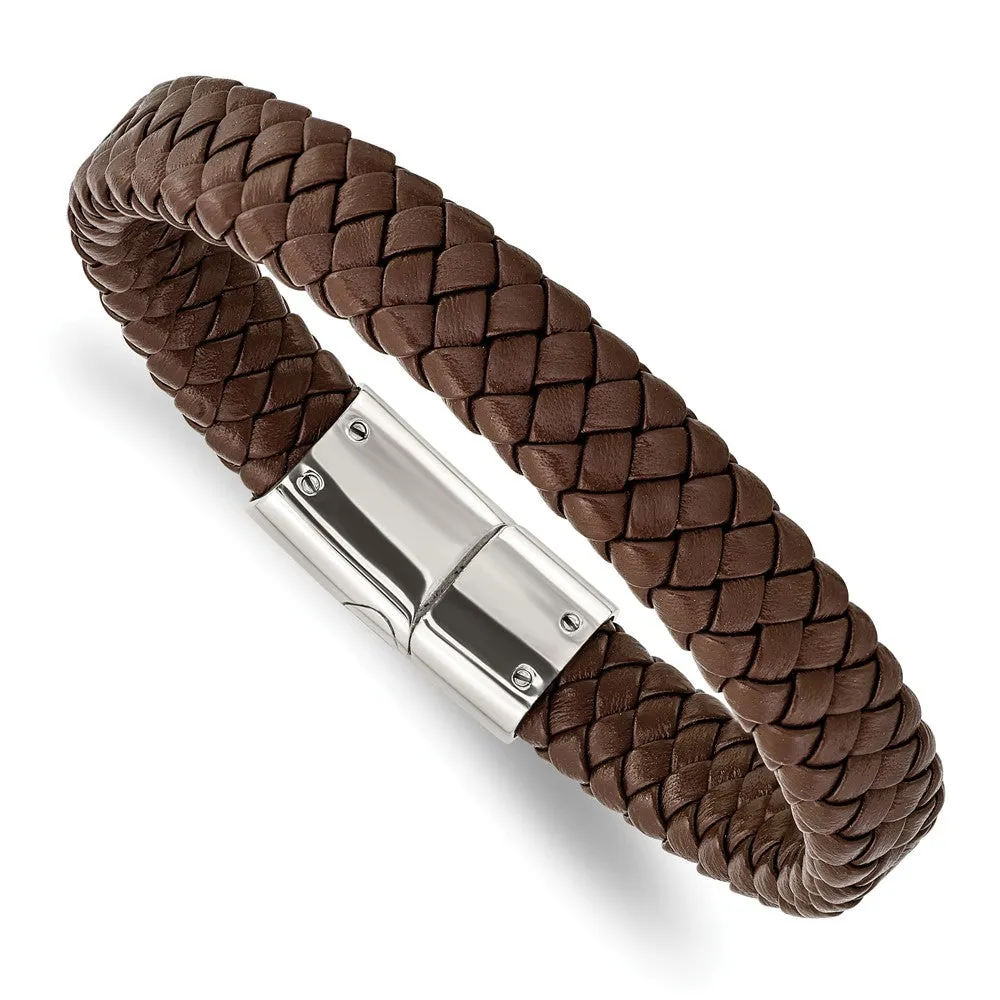 12mm Stainless Steel & Brown Leather Braided Bracelet, 8.5 Inch