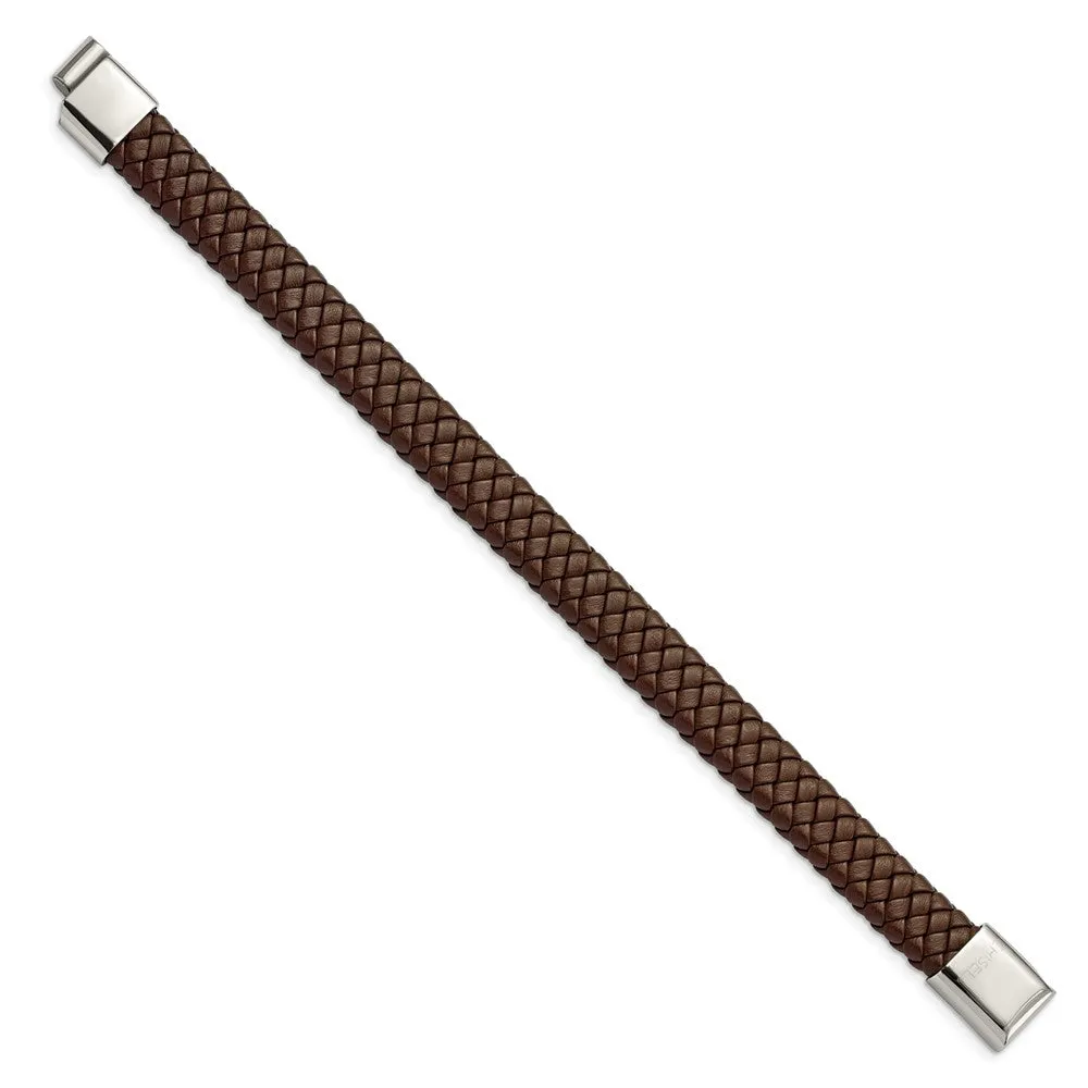 12mm Stainless Steel & Brown Leather Braided Bracelet, 8.5 Inch