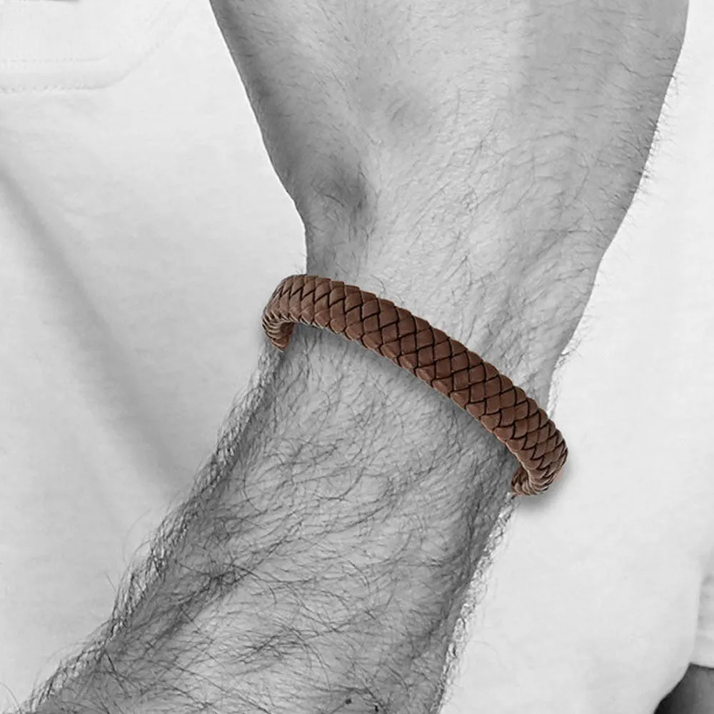 12mm Stainless Steel & Brown Leather Braided Bracelet, 8.5 Inch