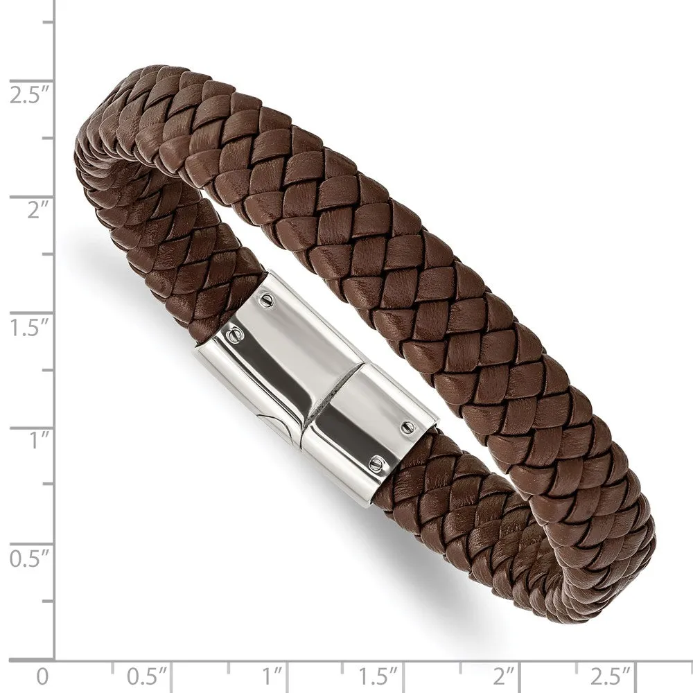 12mm Stainless Steel & Brown Leather Braided Bracelet, 8.5 Inch