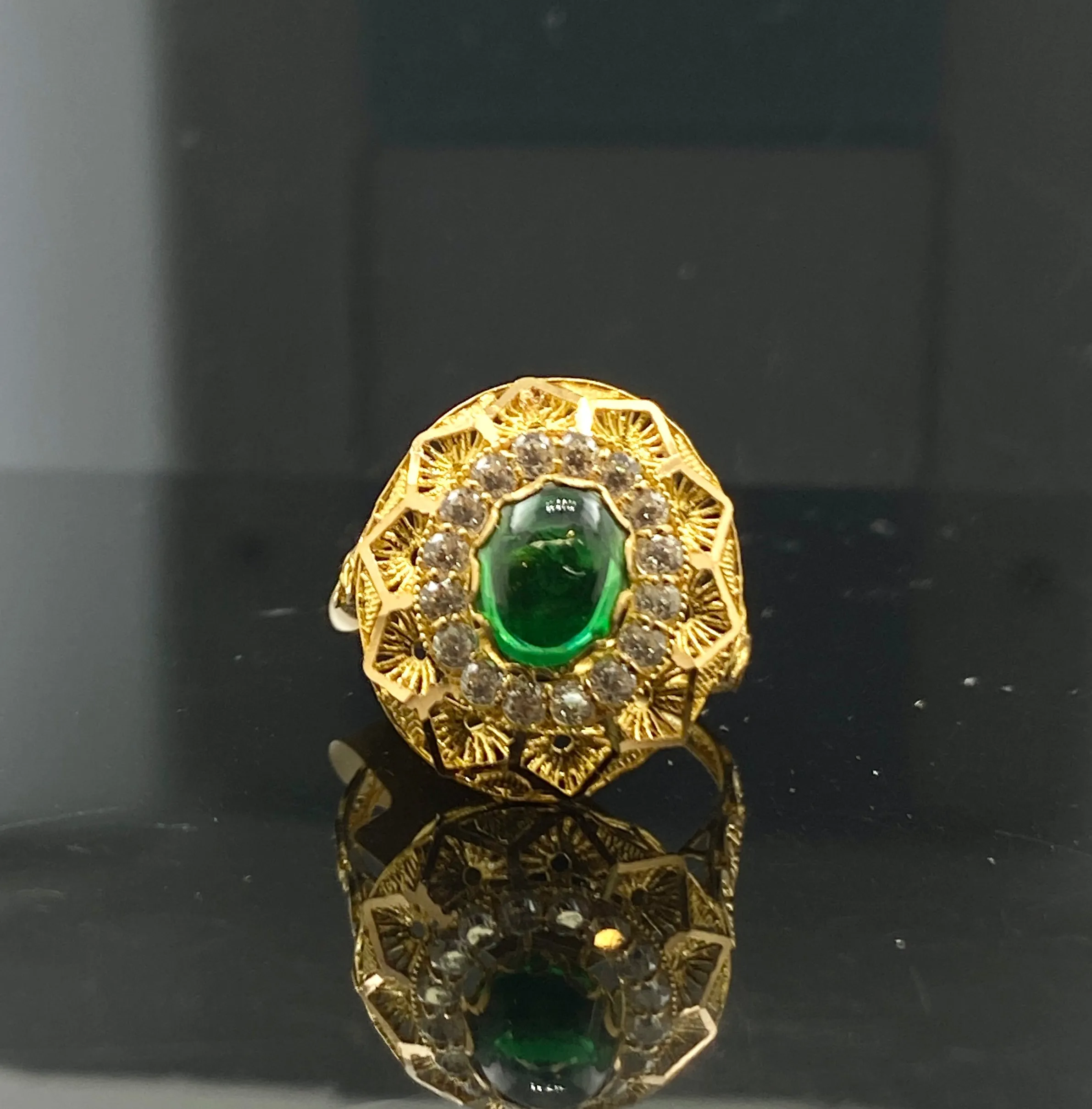 22K Solid Gold Floral Emerald Ring R5496