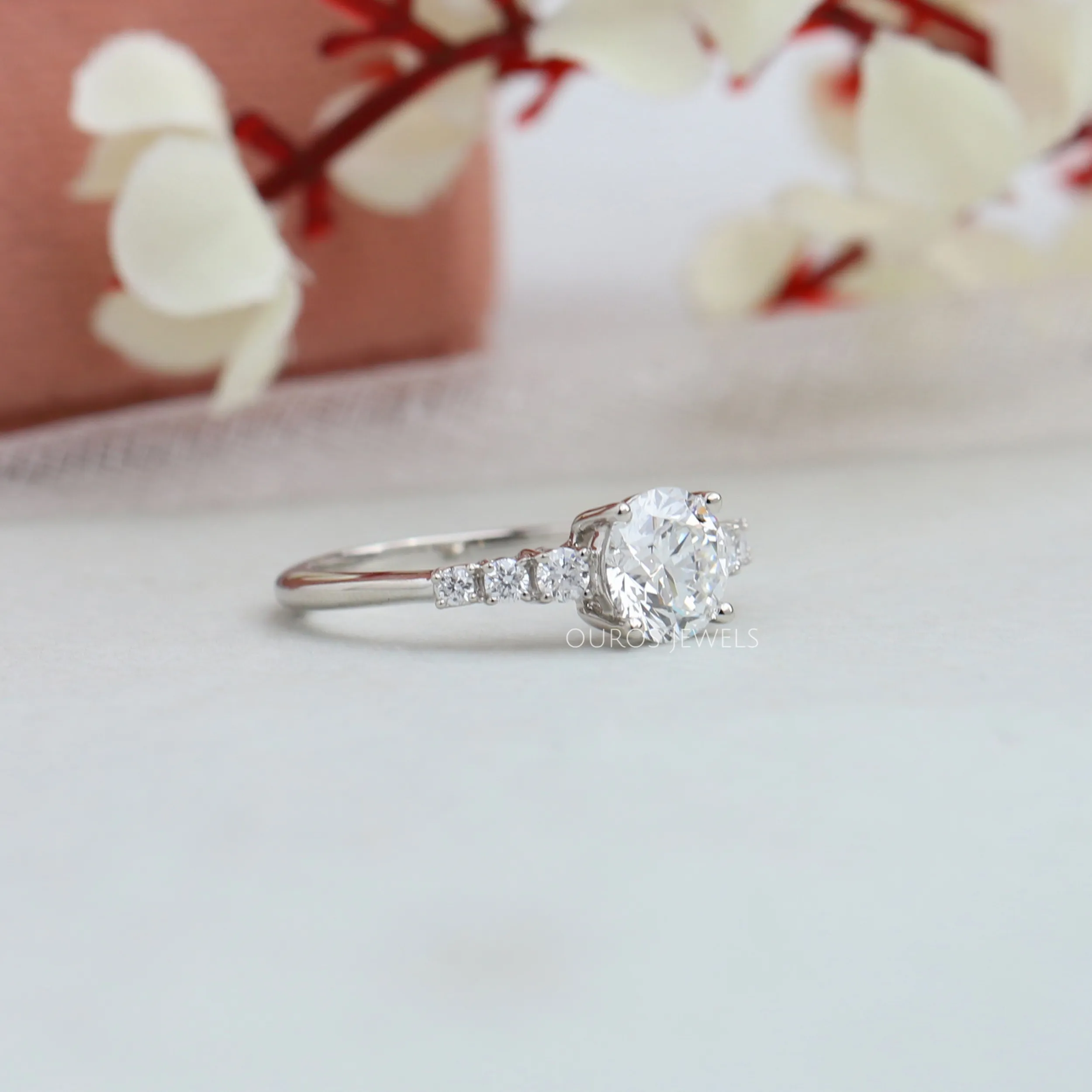 7 Stone Round Cut Solitaire Accent Engagement Ring