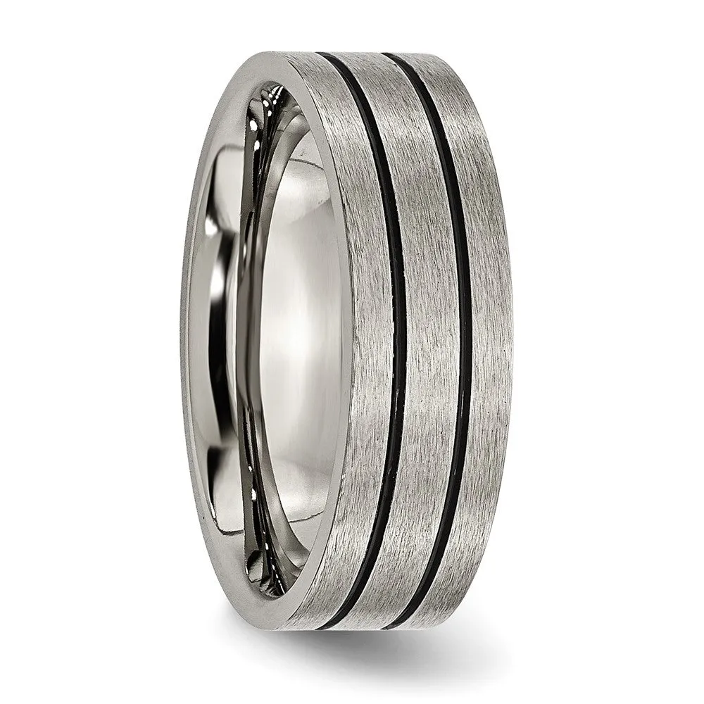 7mm Titanium & Black Enamel Brushed Grooved Flat Standard Fit Band