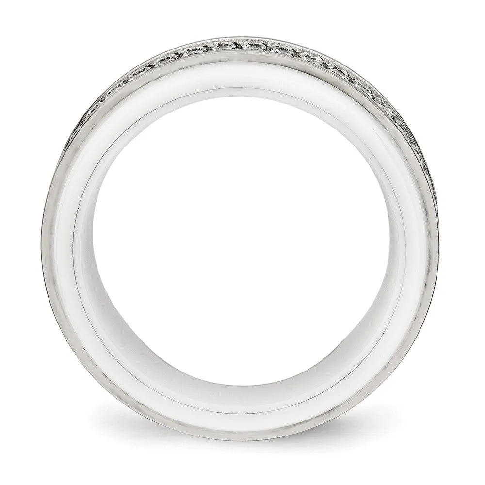 8mm Stainless Steel, White Ceramic & CZ Ridged Standard Fit Band