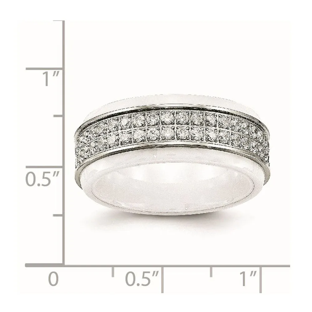 8mm Stainless Steel, White Ceramic & CZ Ridged Standard Fit Band