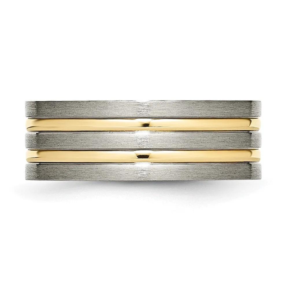 8mm Titanium Gold Tone Plated Grooved Flat Standard Fit Band