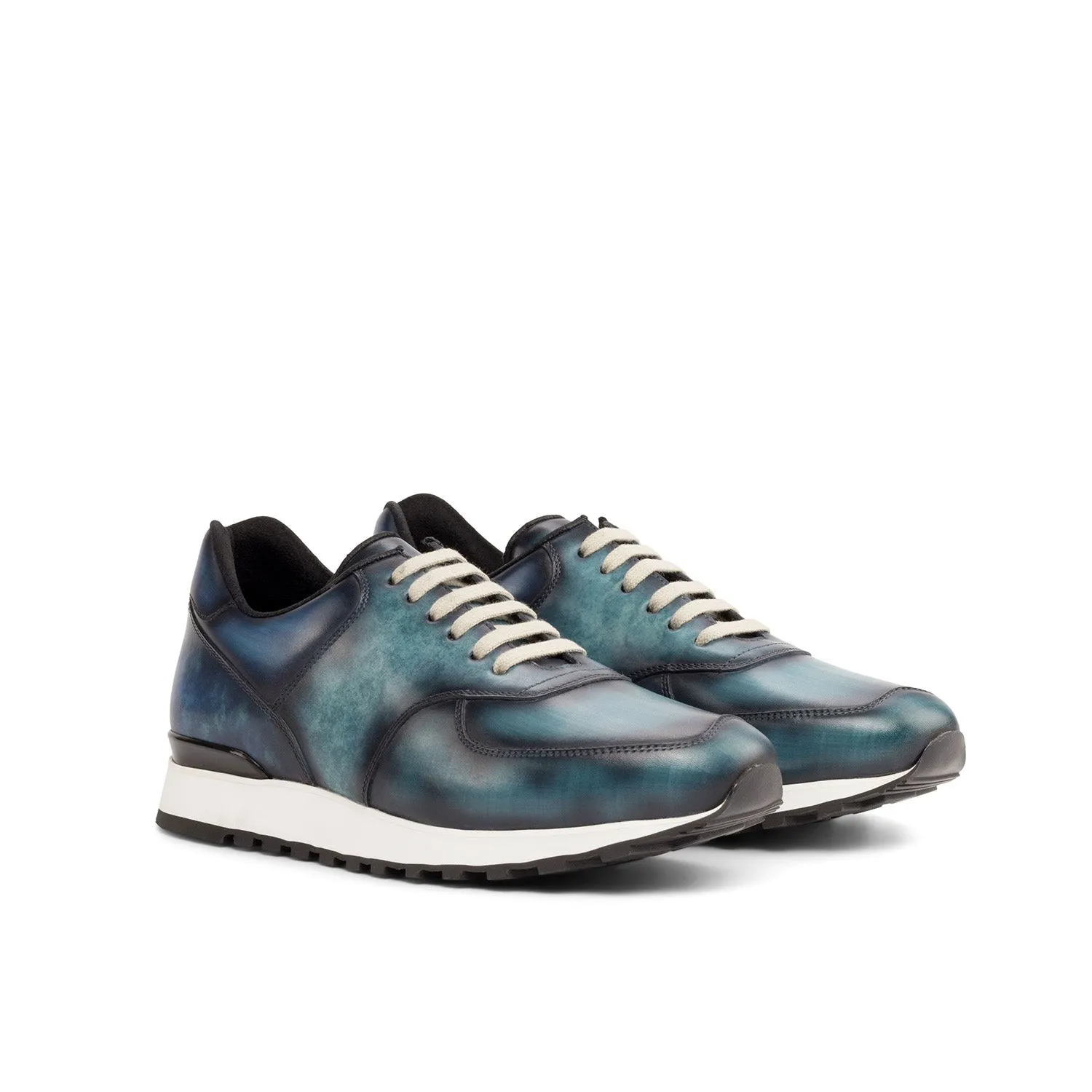 Ambrogio Bespoke Men's Shoes Denim & Turquoise Patina Leather Jogger Sneakers (AMB2250)