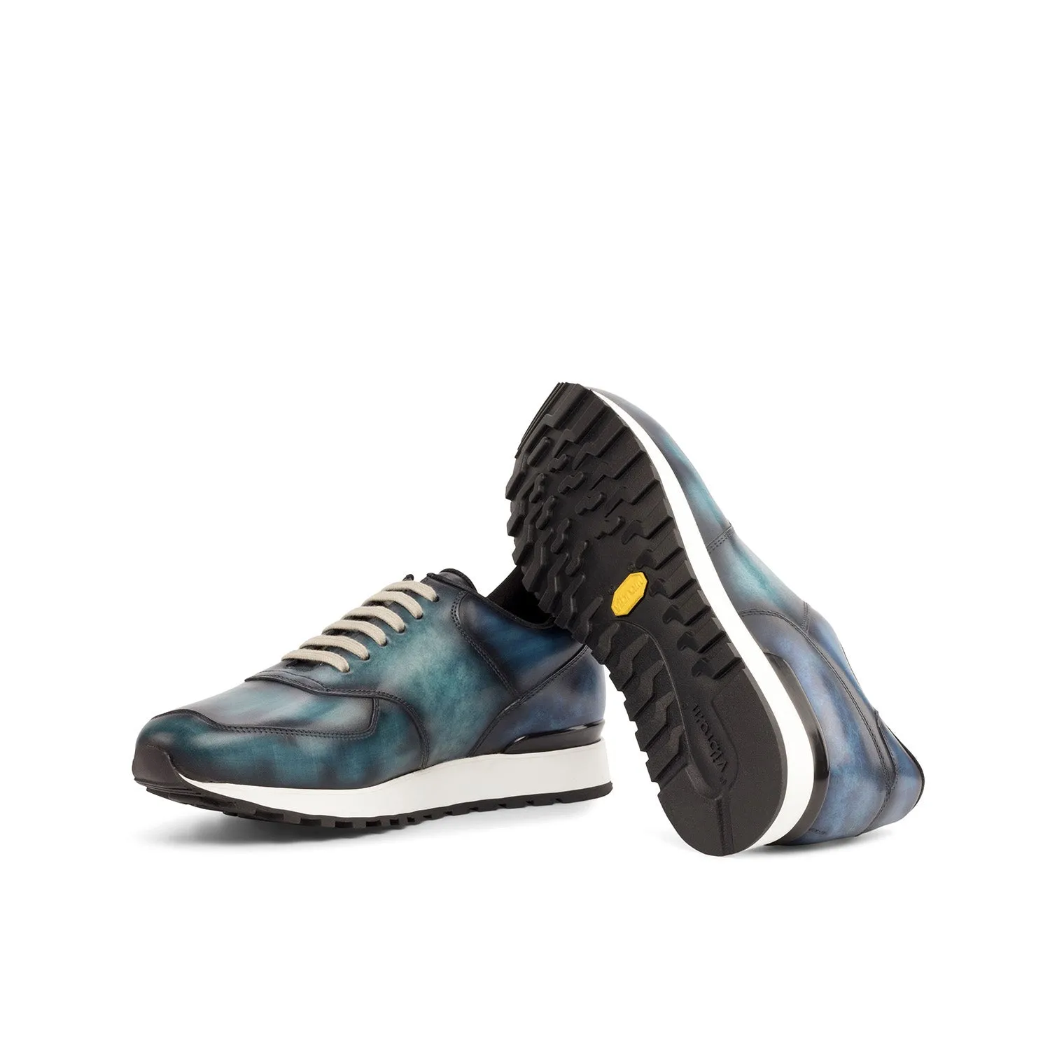 Ambrogio Bespoke Men's Shoes Denim & Turquoise Patina Leather Jogger Sneakers (AMB2250)