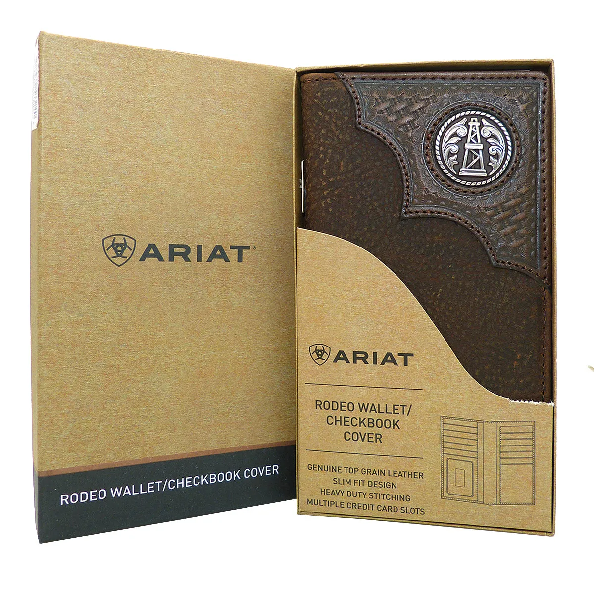 Ariat Western Mens Leather Oil Rig Shield Basket Weave Wallet Checkbook Cover