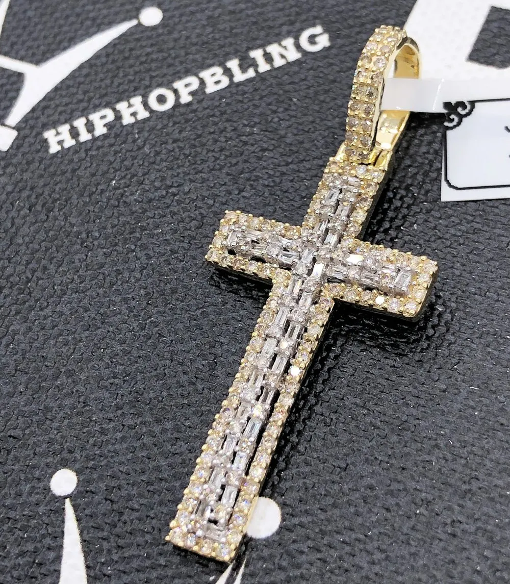 Baguette Tall Cross Diamond 1.19 Carat Pendant 10K Yellow Gold