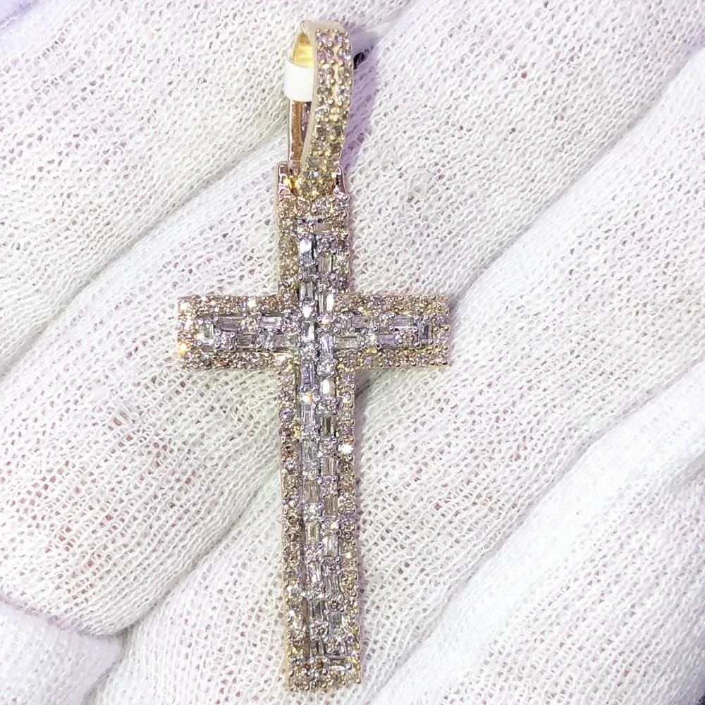 Baguette Tall Cross Diamond 1.19 Carat Pendant 10K Yellow Gold