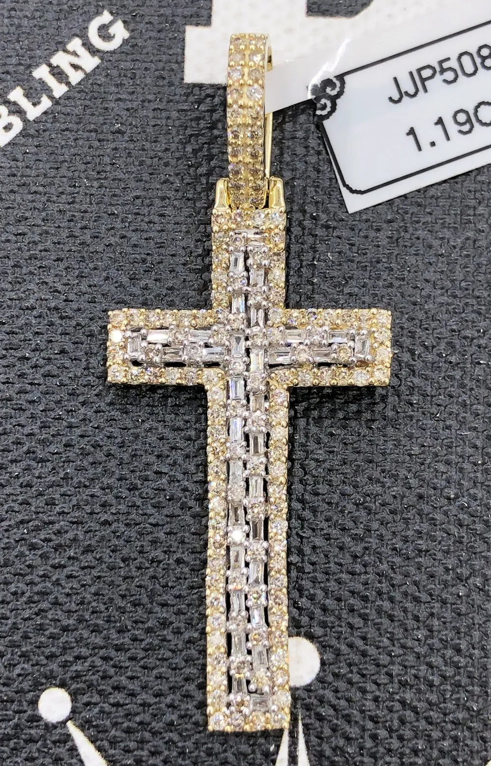 Baguette Tall Cross Diamond 1.19 Carat Pendant 10K Yellow Gold