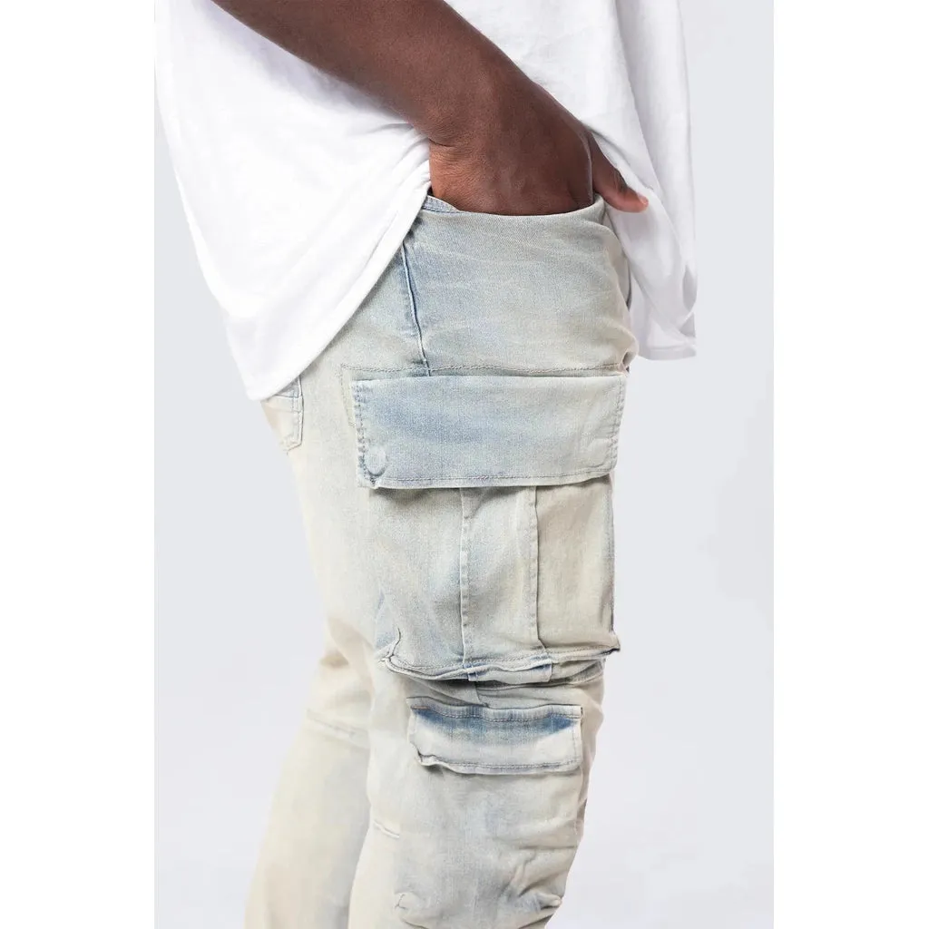 Big and Tall - Stacked Utility Multi Pocket Cargo Jeans - Industrial Blue