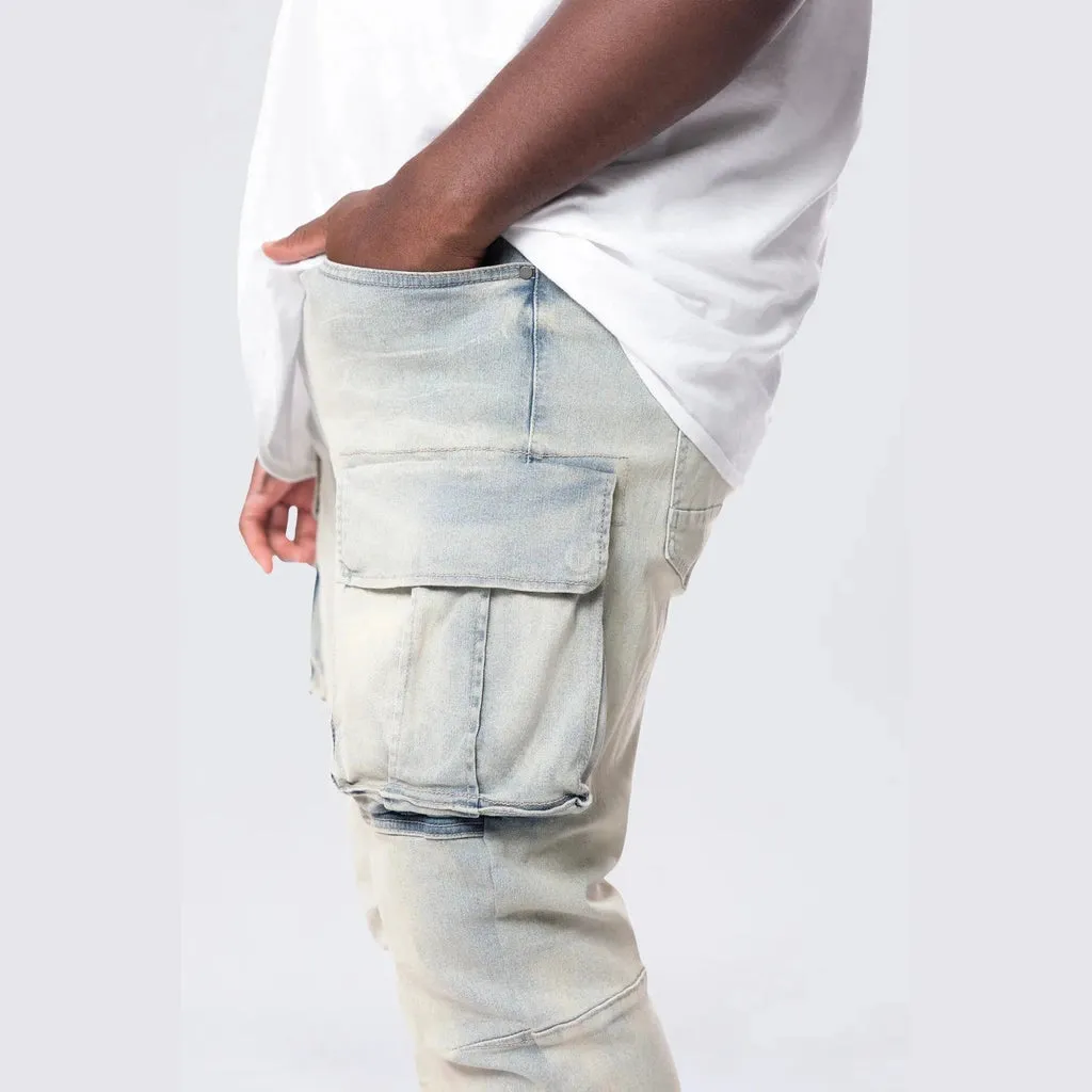 Big and Tall - Stacked Utility Multi Pocket Cargo Jeans - Industrial Blue