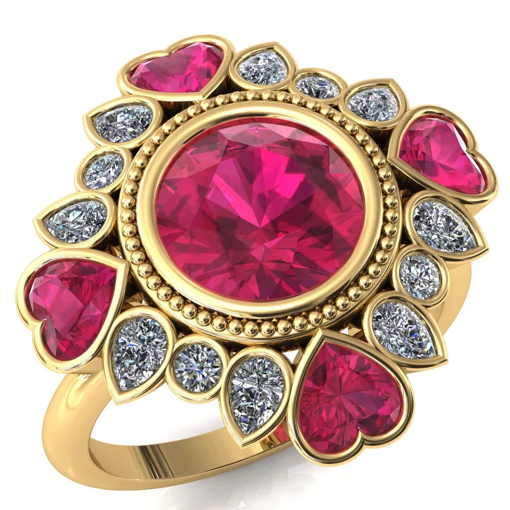 Birdie 8mm Round Center Stone Multi Stone Heart Halo Engagement Ring