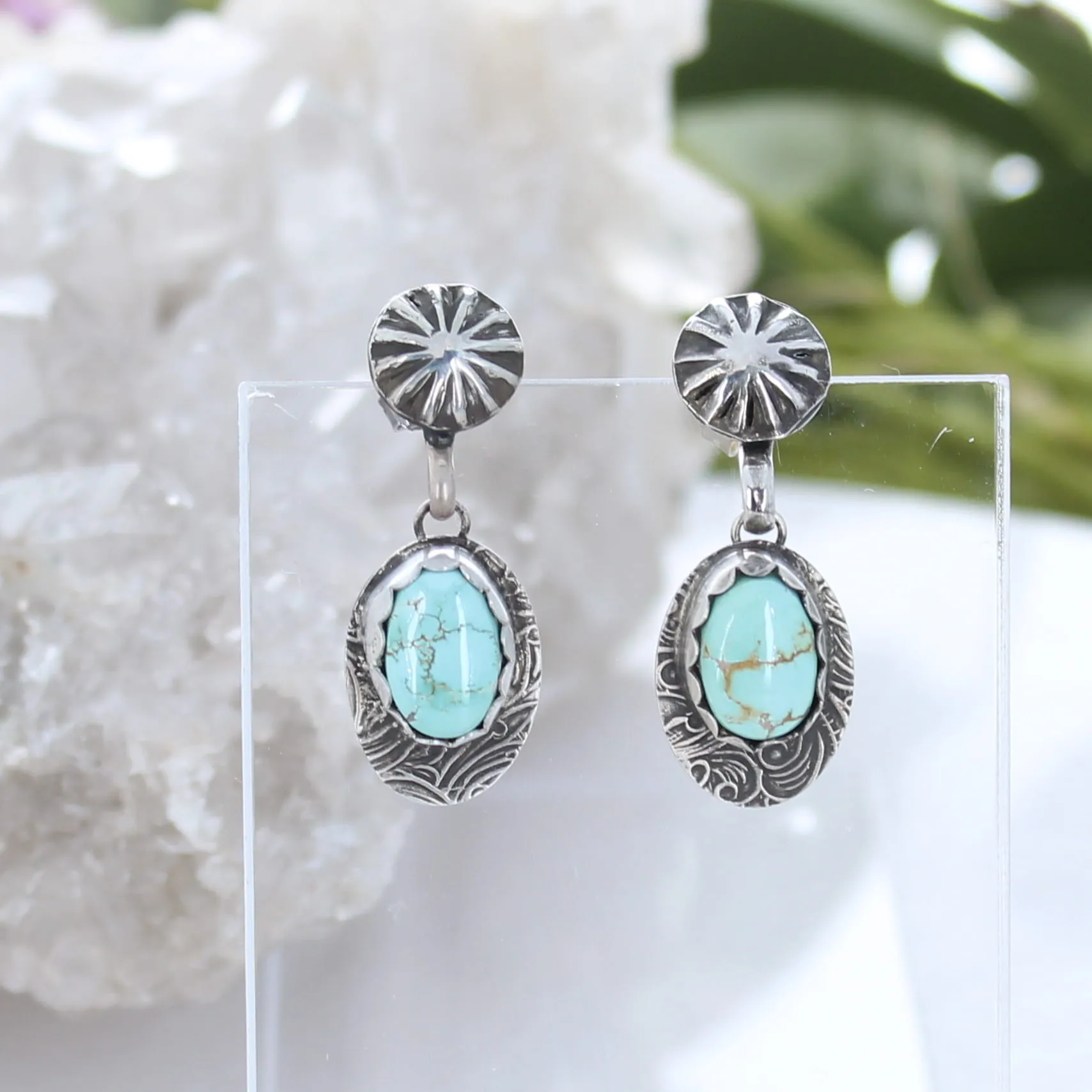 Blue Carico Lake Turquoise Earrings Sterling Tooled Leather Design