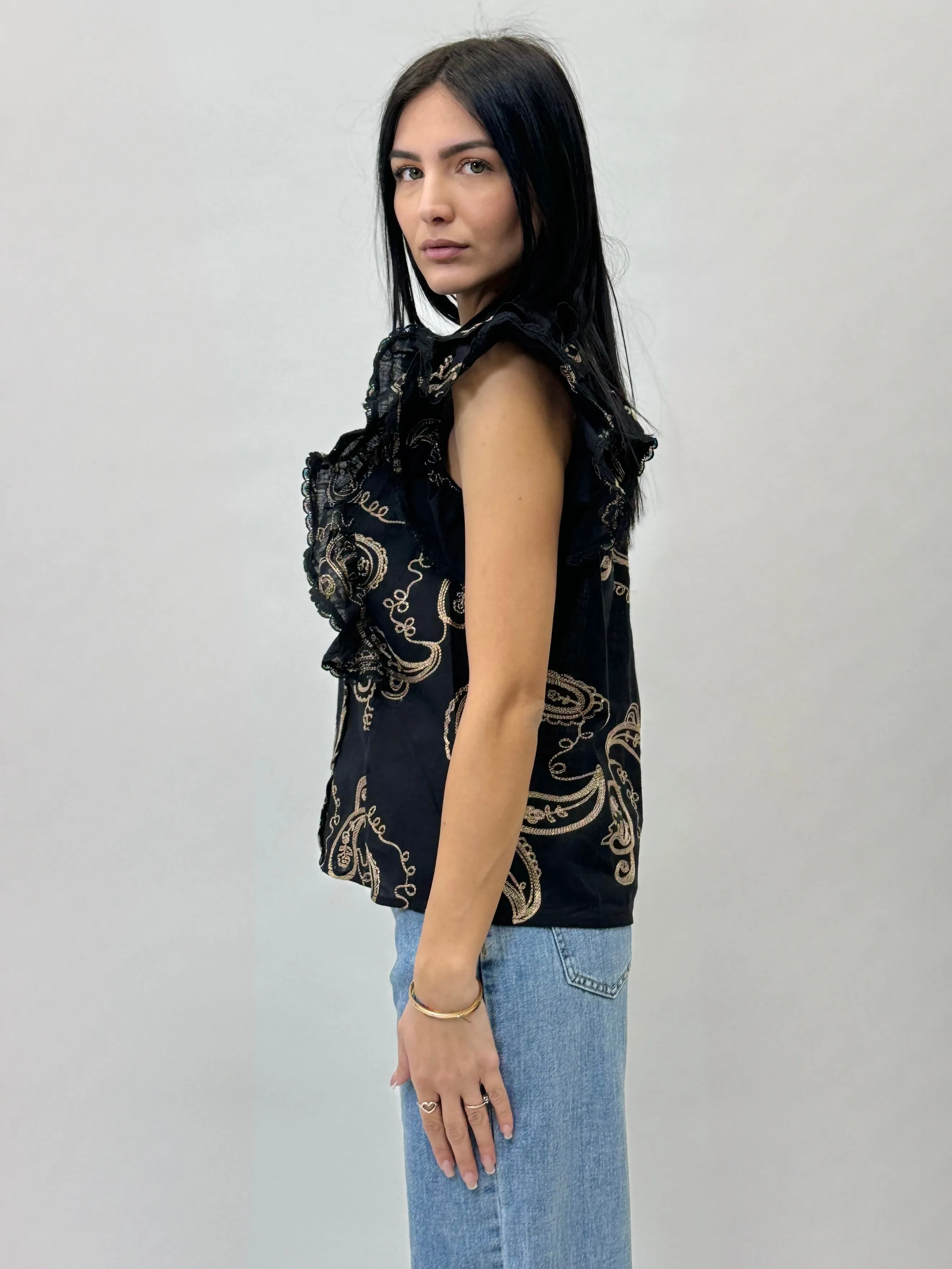 Blusa in cotone con maniche a volant con ricami