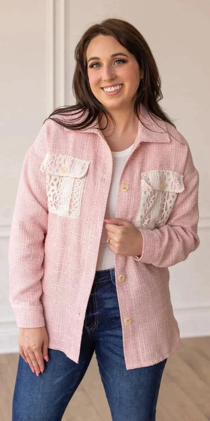 Blush Tweed Shacket with lace pockets