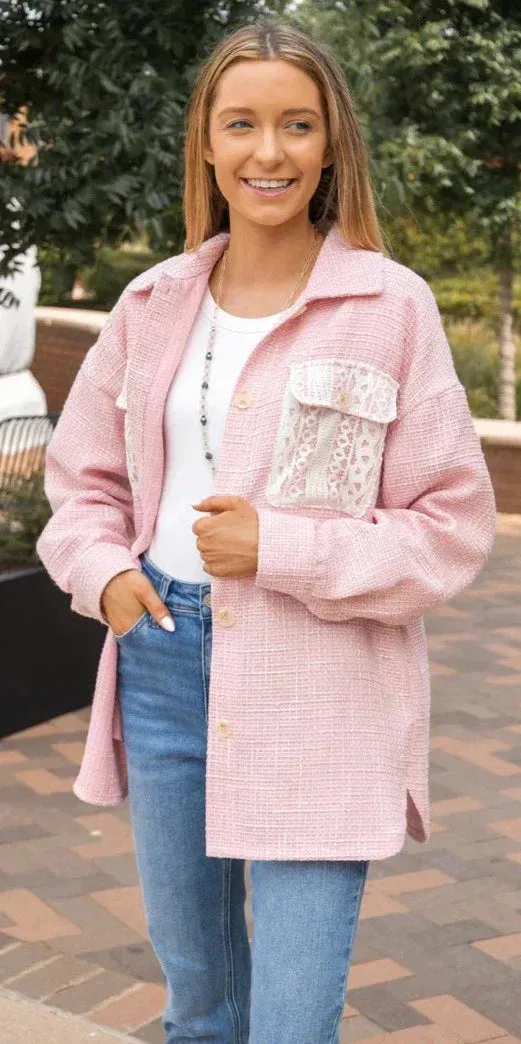 Blush Tweed Shacket with lace pockets