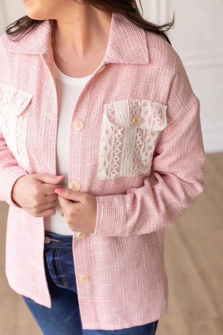 Blush Tweed Shacket with lace pockets