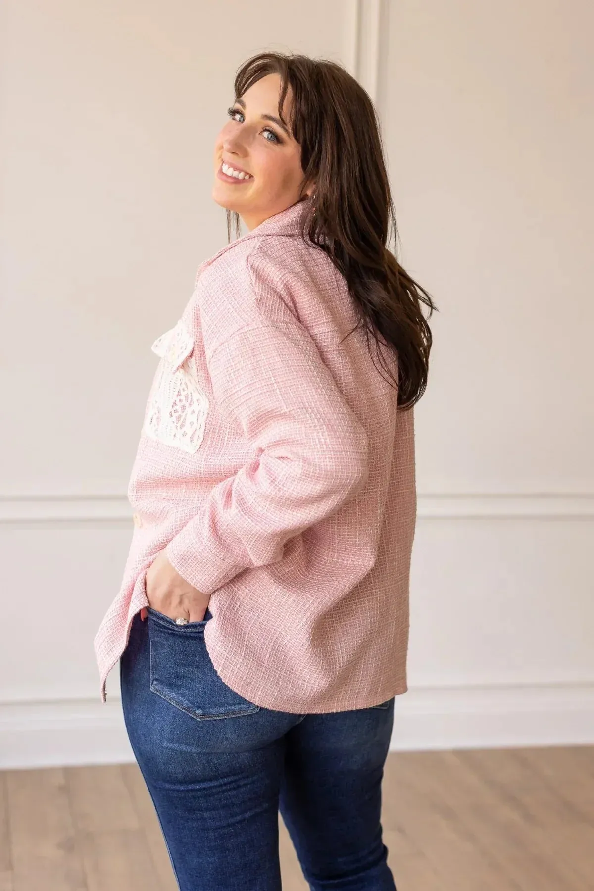 Blush Tweed Shacket with lace pockets