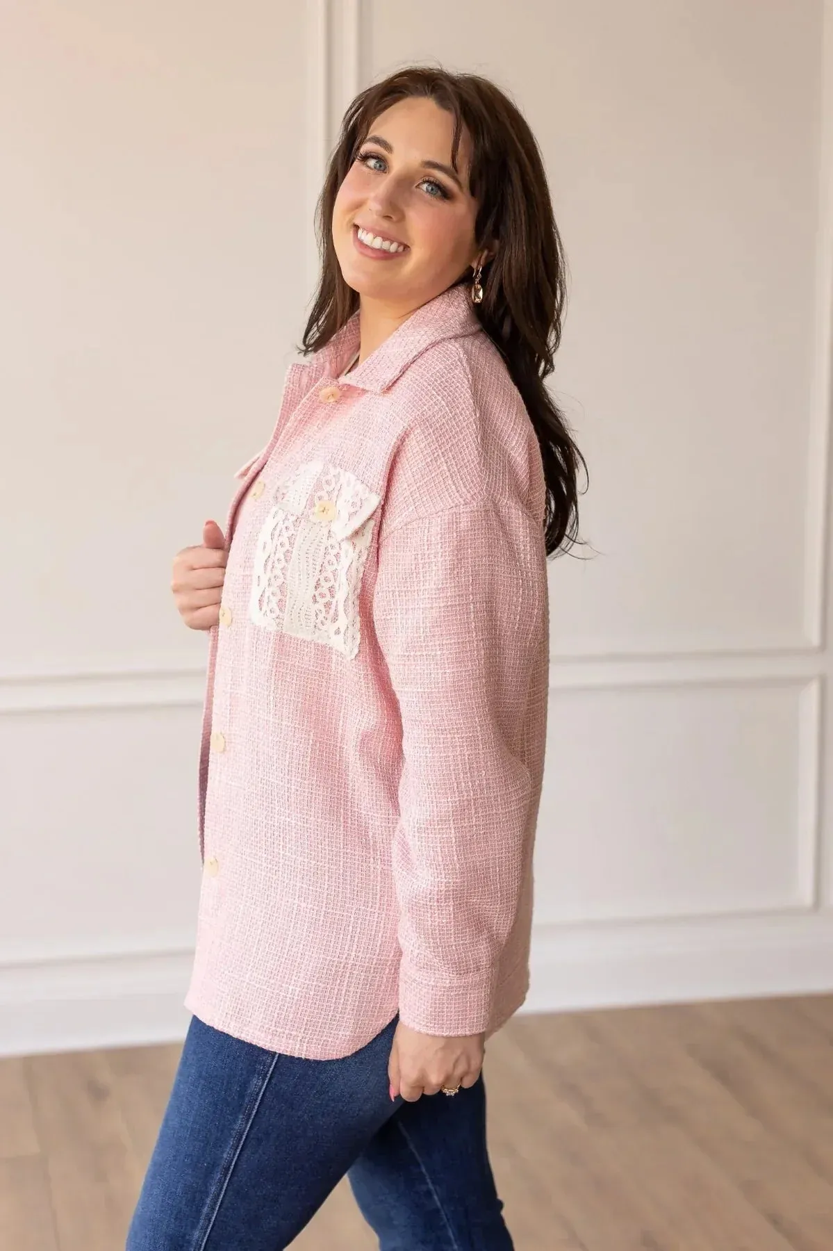 Blush Tweed Shacket with lace pockets