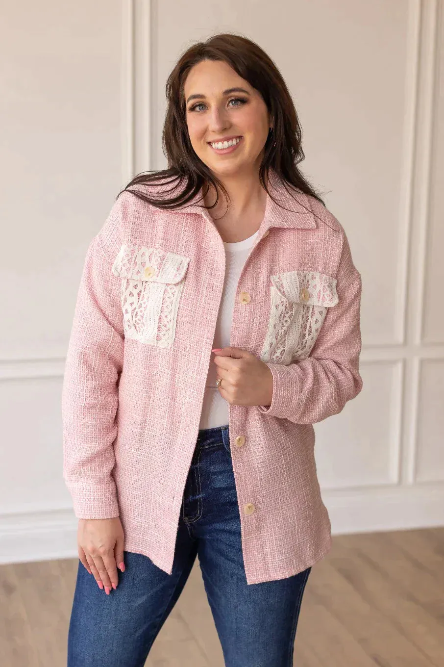 Blush Tweed Shacket with lace pockets