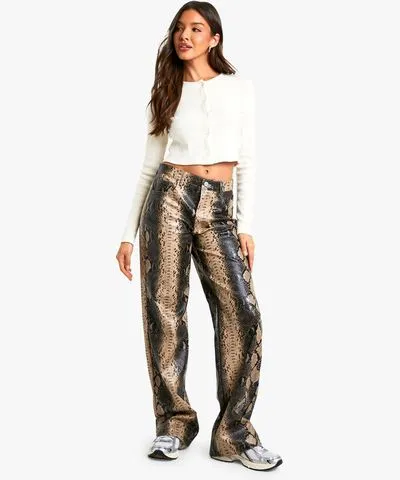 boohoo Womens Snake Faux Leather Wide Leg Trouser