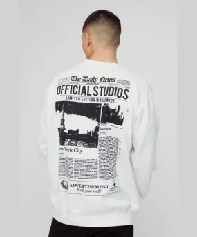 boohooMAN Mens Oversized Official Studios Newspaper Graphic Sweatshirt