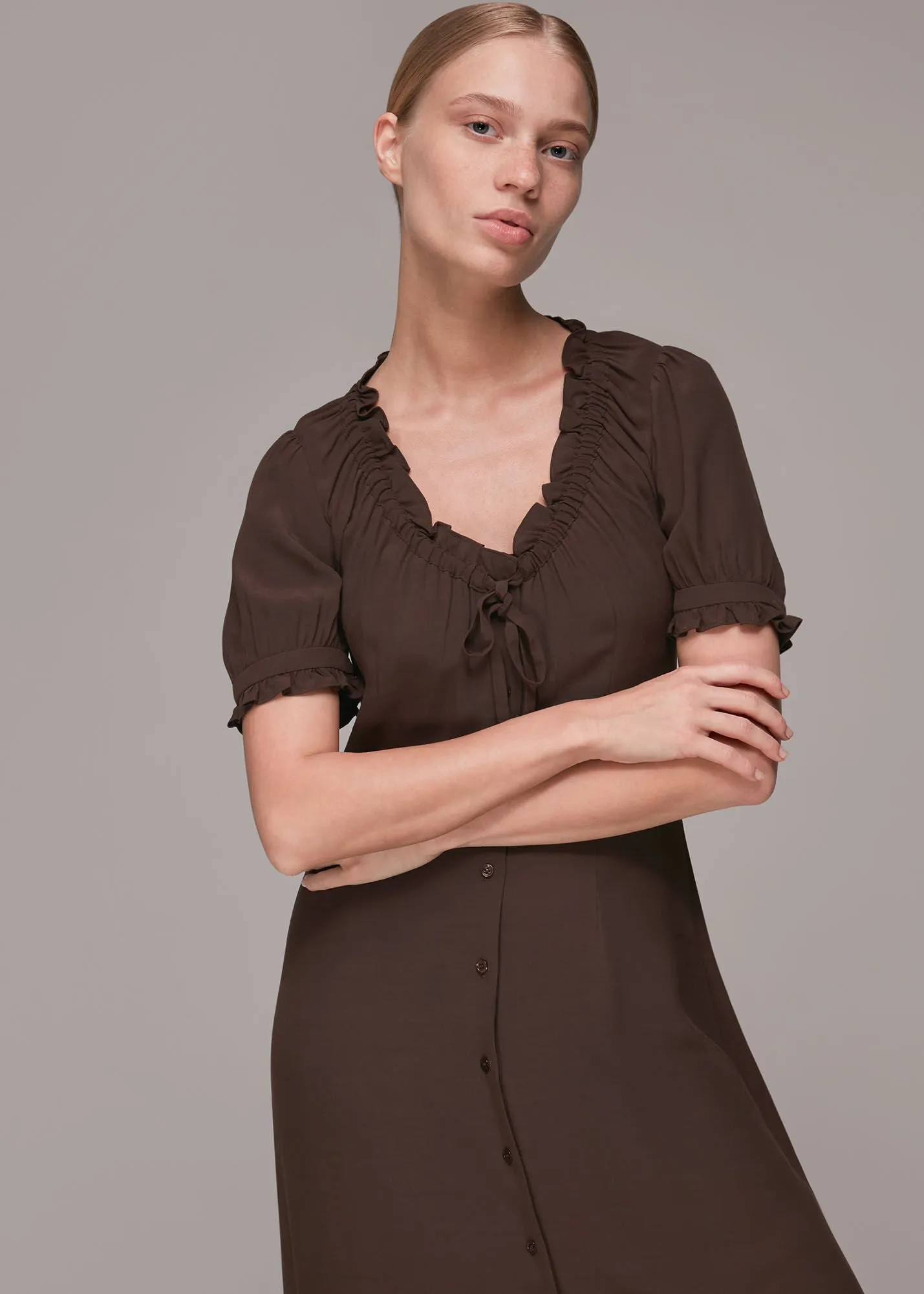 Brown Ada Ruched Detail Midi Dress