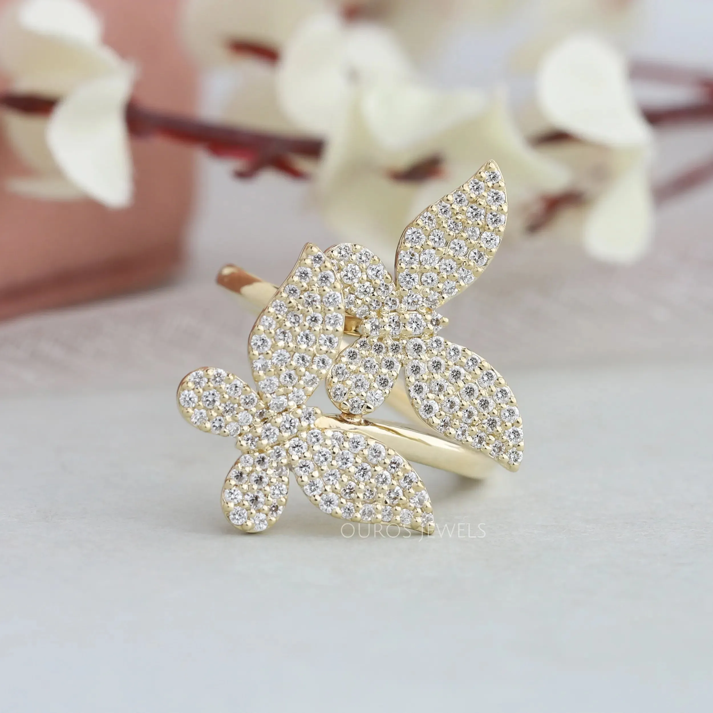 Butterfly Shape Round Cluster Diamond Bypass Set Engagement Ring