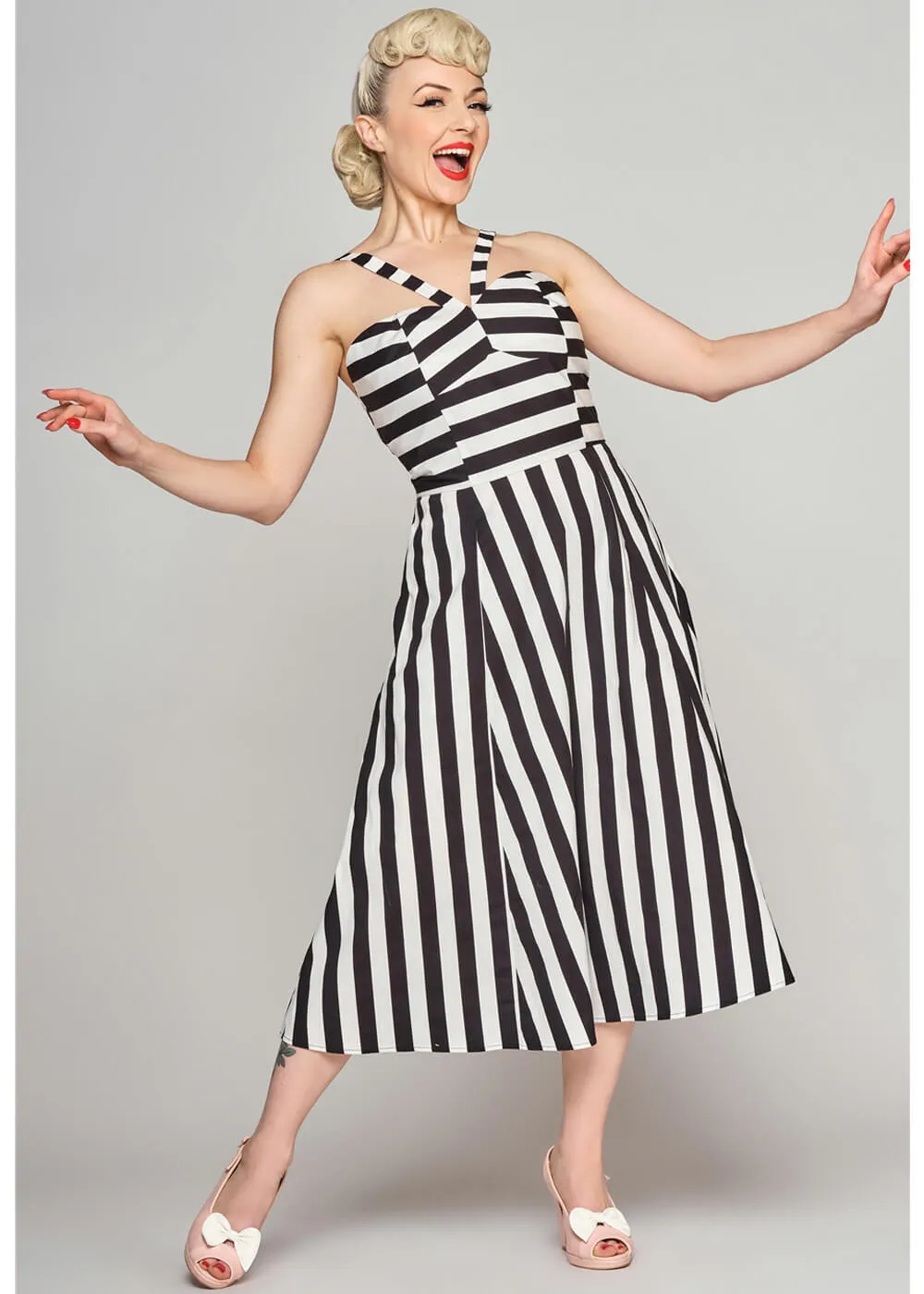 Collectif Emma Contrast Stripe 50's Swing Dress Black White