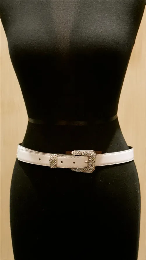 Continental Leather Fashion White Jeweled Skinny Belt