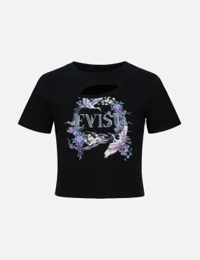 Cranes and Wisteria Print Fashion Fit  Cut-out T-Shirt