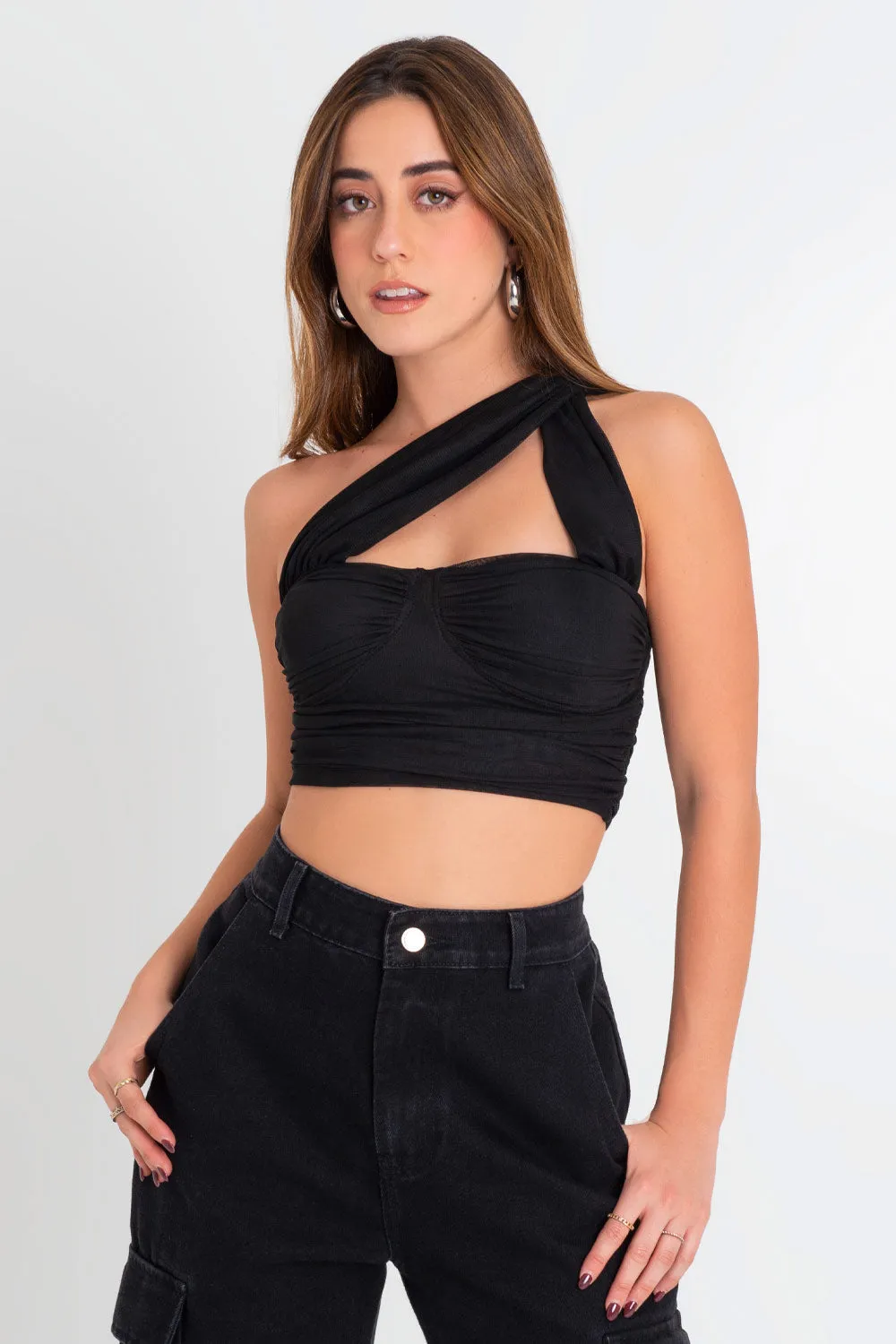 Crop top de mesh escote corazón con plisados