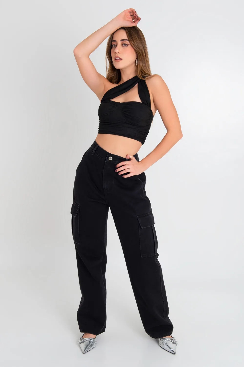 Crop top de mesh escote corazón con plisados