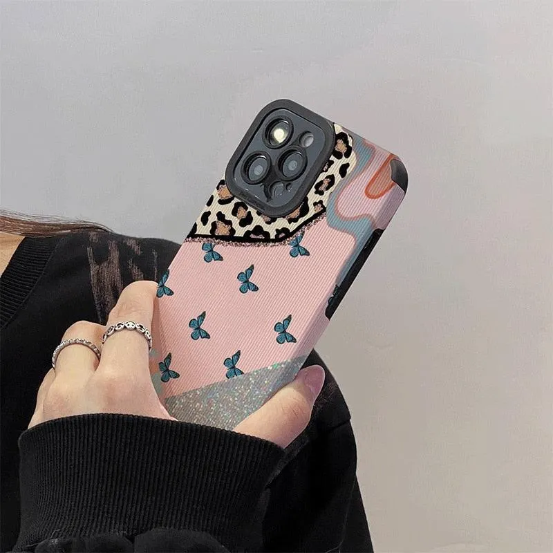 Cute Butterfly Spliced Leopard Phone Case for iPhone 13 12 11 14 Pro Max Mini 6 6S 7 8 Plus X XS XR - Stylish Protection!