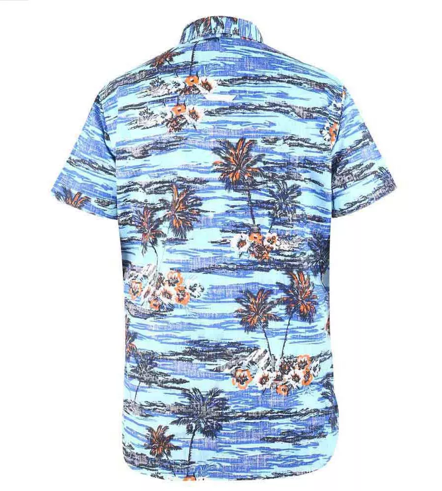 D555 Tall Mens Blue Short Sleeve Shirt With Hawaiian Print (CHARFORD)