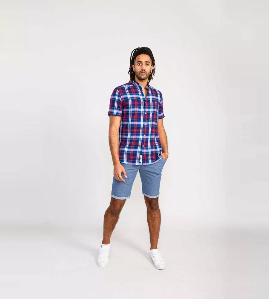 D555 Tall Mens Blue/Red Short Sleeve Check Shirt (PORTLAND)