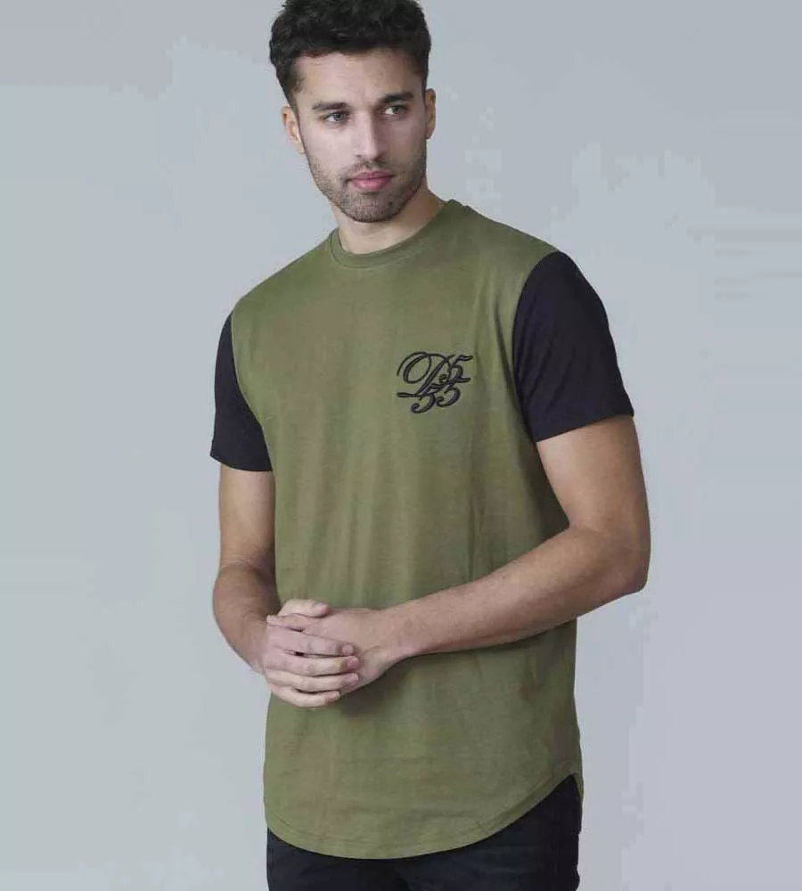 D555 Tall Mens Couture T-Shirt With Curved Hem, Contrast Sleeves And Chest Embroidery (DEMARCUS KHAKI)