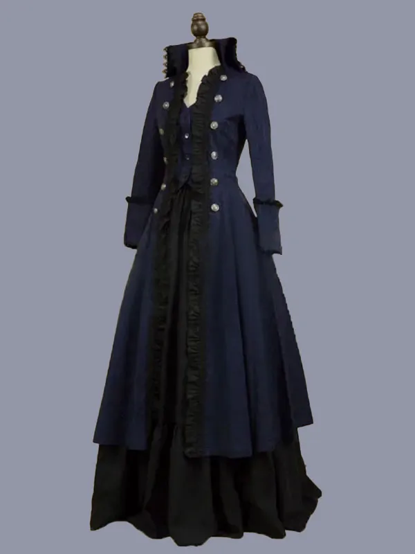 Dark Navy  Retro Tudor Dress Costumes  Women's Ruffles Polyester Tunic Dress Marie Antoinette Costume Retro Party Prom Dress