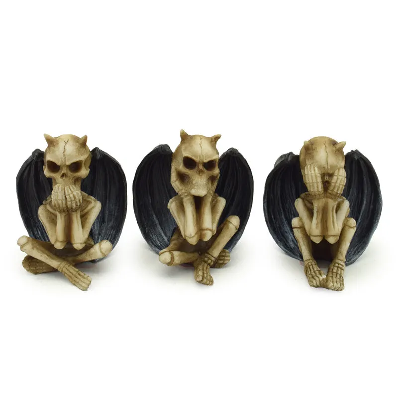 Decorative Set of 3 Ornaments - The Reaper See No Speak No Hear No Evil Winged Demons SK389