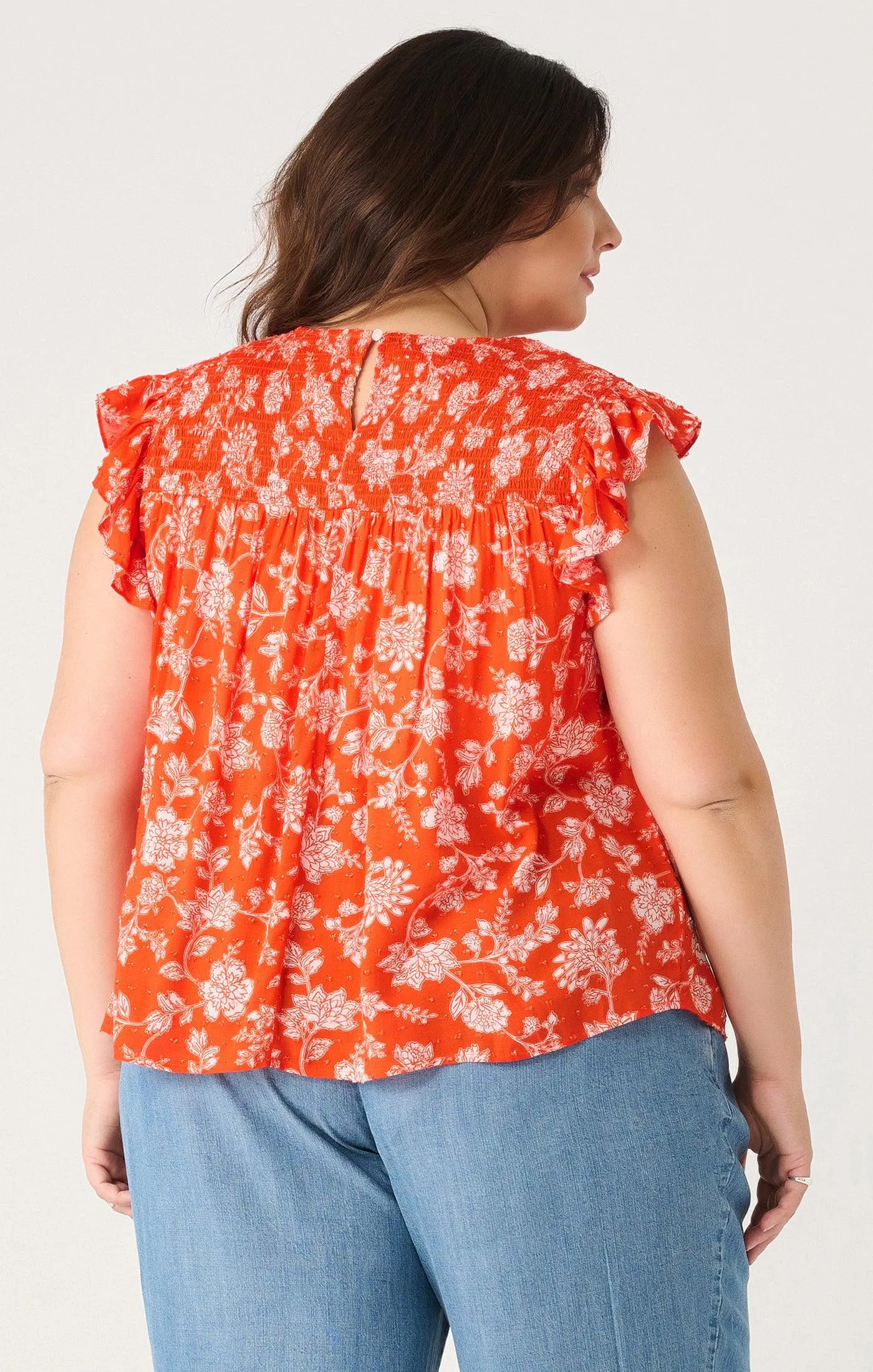 Dex Plus Printed Flutter Sleeve Top In Orange Cream Floral