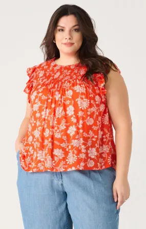 Dex Plus Printed Flutter Sleeve Top In Orange Cream Floral