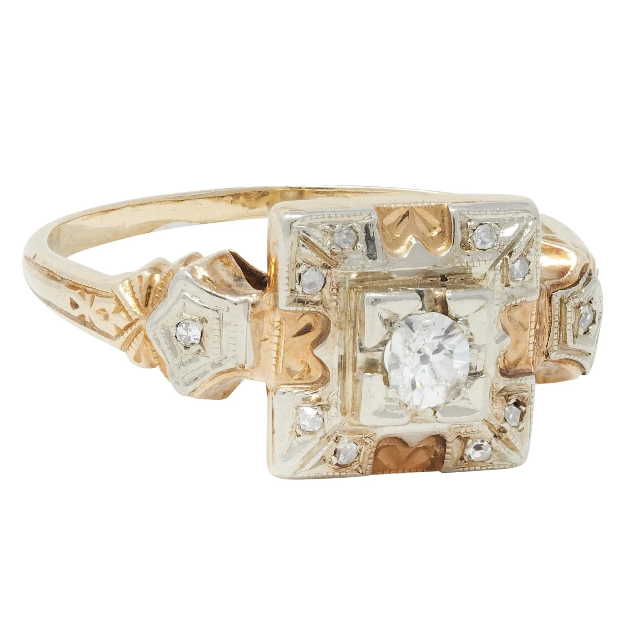 Early Art Deco Diamond 14 Karat Two Tone Square Form Antique Engagement Ring