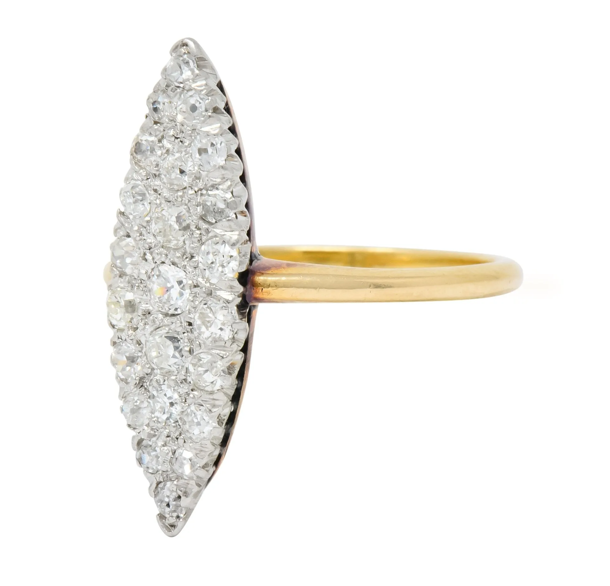 Edwardian 0.88 CTW Diamond Platinum-Topped 14 Karat Gold Navette Cluster Ring