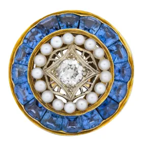 Edwardian 4.00 CTW Diamond Pearl Sapphire Platinum 14 Karat Gold Cocktail Ring
