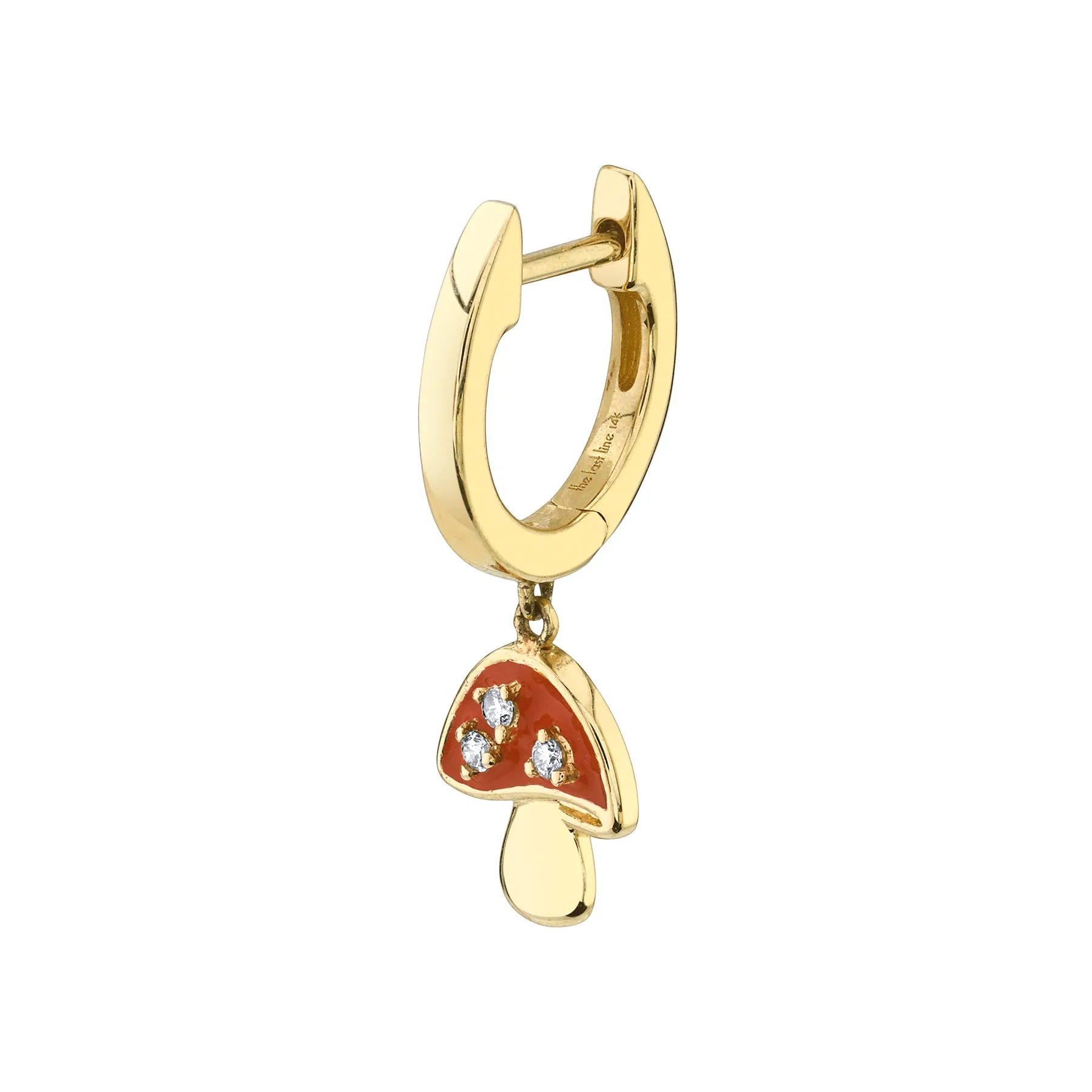 Enamel Charm Drop Huggie - White Diamond and Mushroom / 14k Yellow Gold