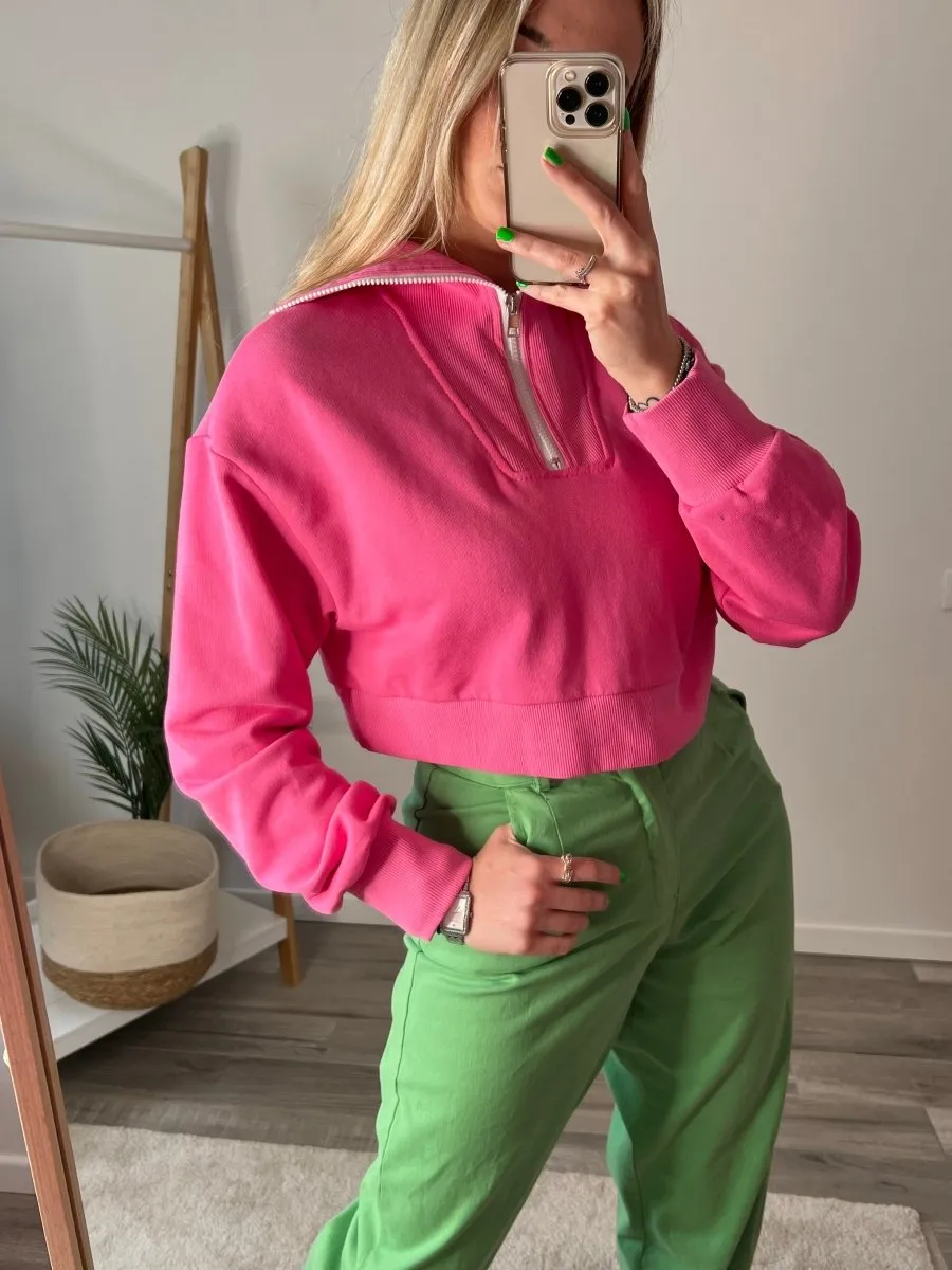 Felpa fucsia crop con zip