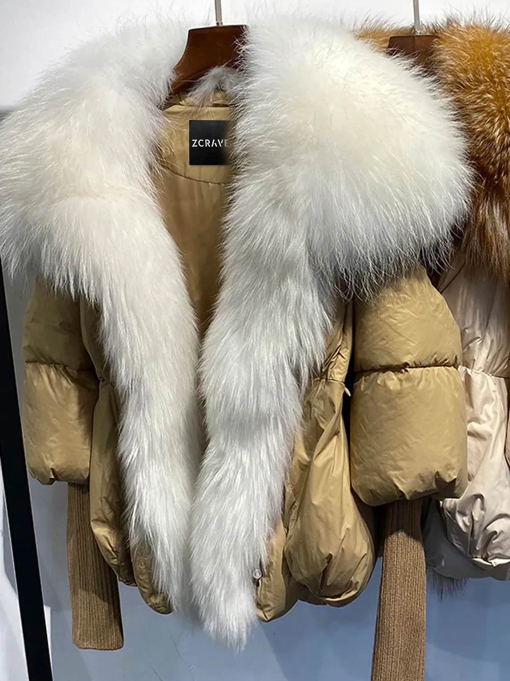 Fur Trim Puffer Jacket in Tan & White